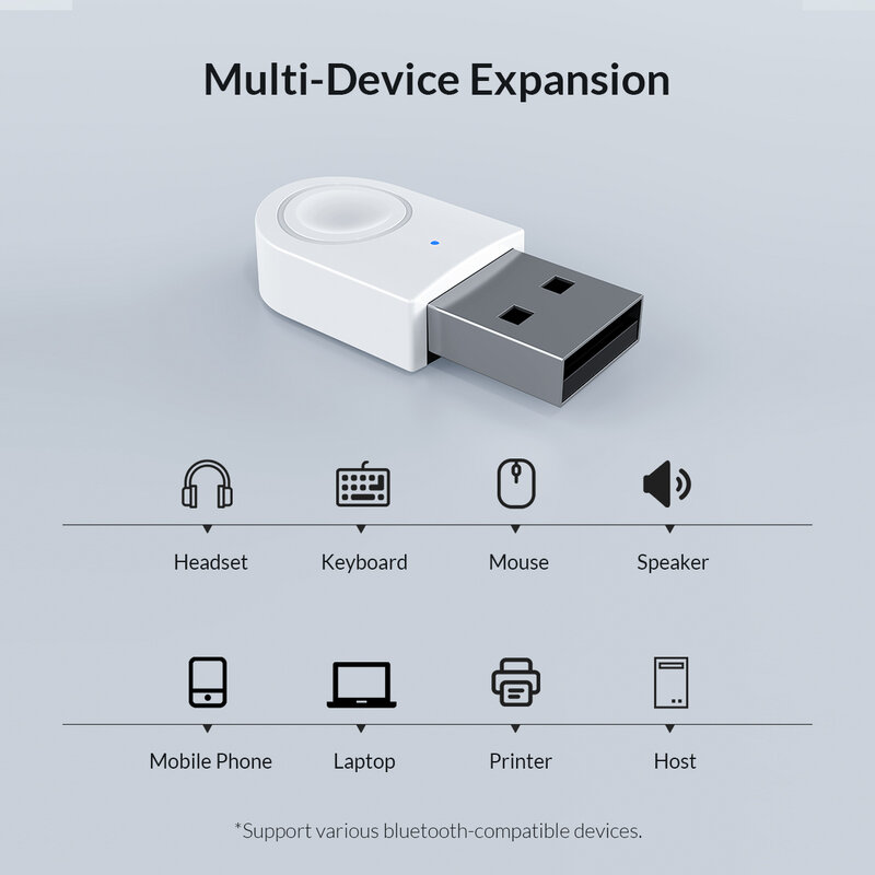 ORICO-USB Dongle Compatível com Bluetooth 5.0, Receptor de Áudio de Música, Transmissor, Suporte Windows 7, 8, 10, PC, Laptop, Alto-falante, Adaptador