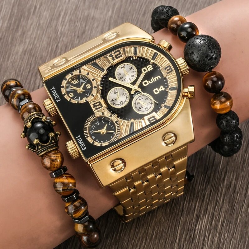 Reloj de pulsera informal para hombre, esfera supergrande, de cuarzo, militar, de lujo, de acero inoxidable, dorado
