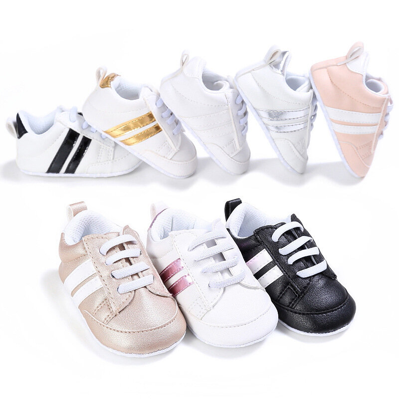 Baby Shoes Pu Leather Shoes Sports Sneaker Newborn Baby Boys Girls Stripe Pattern Shoes Infant Sport Soft Anti-slip Shoes