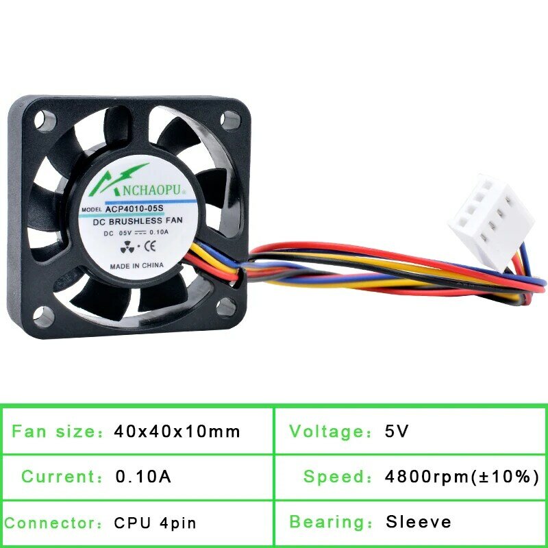 Controle de Velocidade Ventilador de Refrigeração, Raspberry Pi em Mini Case, 4 Linhas, PWM, 4cm, 40mm, 40x40x10mm, DC 5V, 0.10A, 4 Linhas, 4 pinos