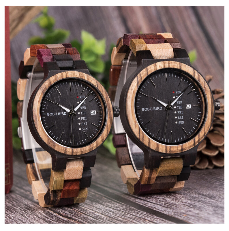BOBO BIRD-reloj analógico de madera P14 para hombre y mujer, accesorio de pulsera de cuarzo resistente al agua con calendario, complemento masculino de marca de lujo con diseño colorido y logotipo personalizado caja
