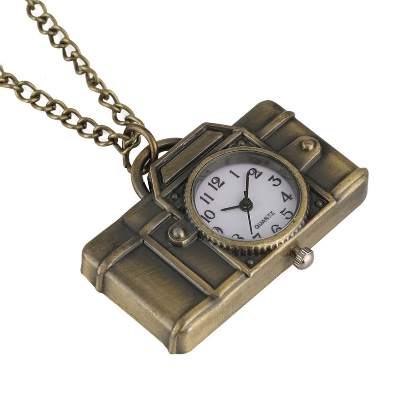 Reloj de bolsillo con forma de cámara única, colgante de cuarzo, bronce Vintage, moda, collar, relojes para fotógrafos y amigos