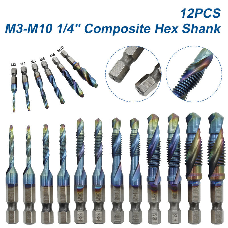 6/12PCS Composite Hex Shank Tap Drill Bits Set Quick Change Impact HSS Driver Bit Set For Metal Steel Wood Plastic M3-M10 1/4"