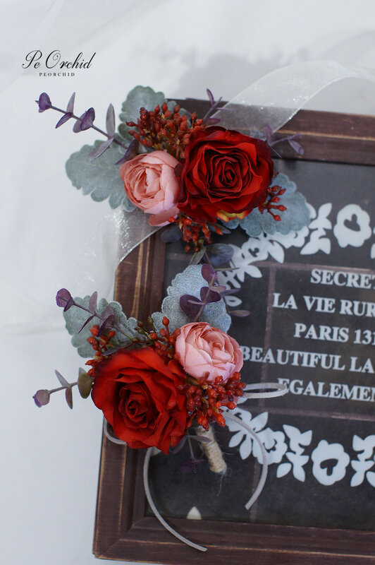 PEORCHID czerwone ślubne staniki i Boutonnieres druhna kwiaty bransoletka na rękę dla dziewczynek Prom akcesoria mężczyźni Boutonnieres