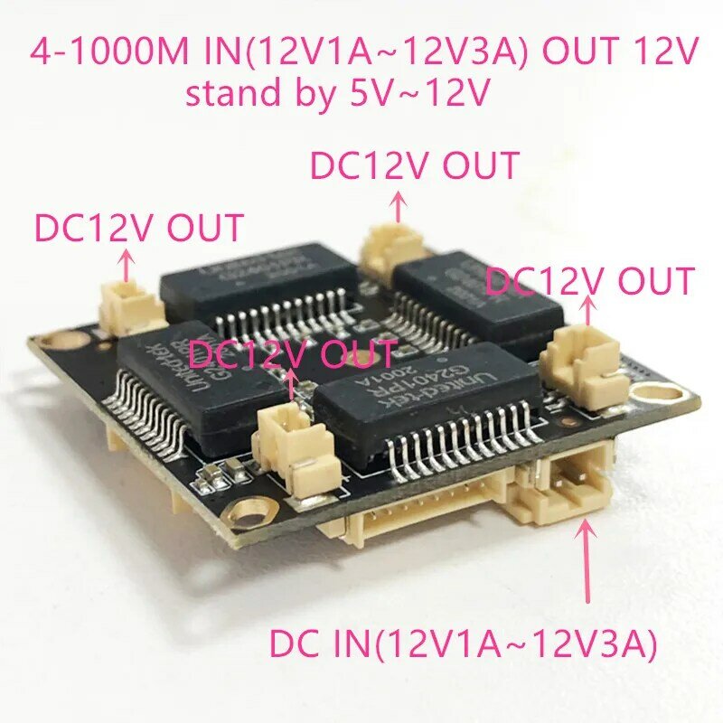 Conmutador Ethernet gigabit de 4 puertos, 10/100/1000M, pcba para módulo integrado, cc 5V, 12V, 1a-3a, salida de CC, VLAN a través de corriente
