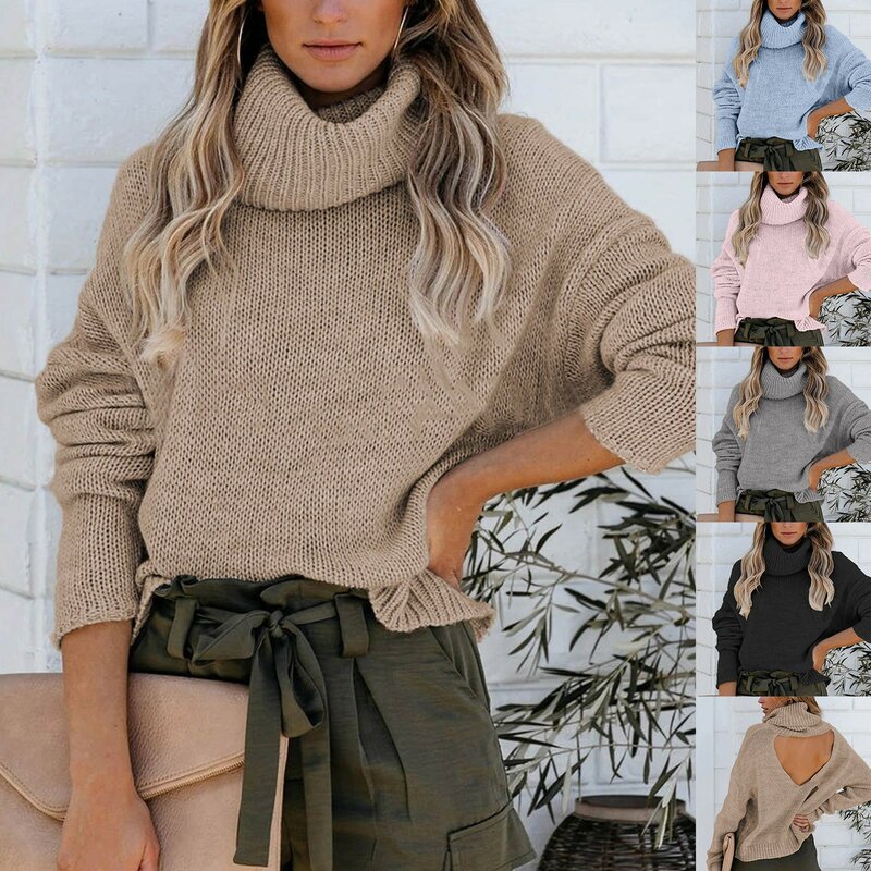 Moda tinta unita manica lunga maglione lavorato a maglia autunno inverno dolcevita bottoni polsino donna maglione Pullover abbigliamento donna #30