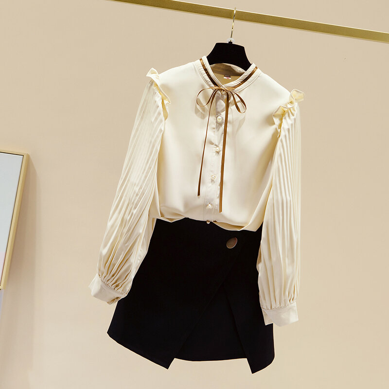 Camisa holgada de gasa con manga farol para mujer, blusa cárdigan con botones y perlas, cuello redondo, novedad de Primavera de 2021