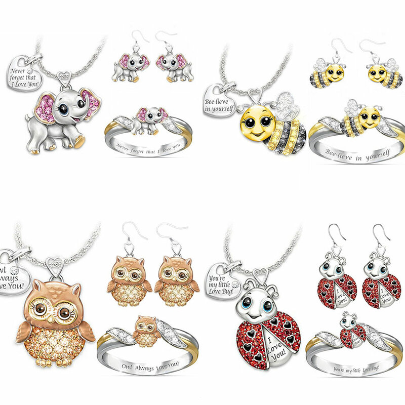 Conjunto de joyería de animales de dibujos animados para niños, búho encantador, unicornio, abeja, elefante, conjuntos de joyería para niñas, regalos de joyas de cumpleaños