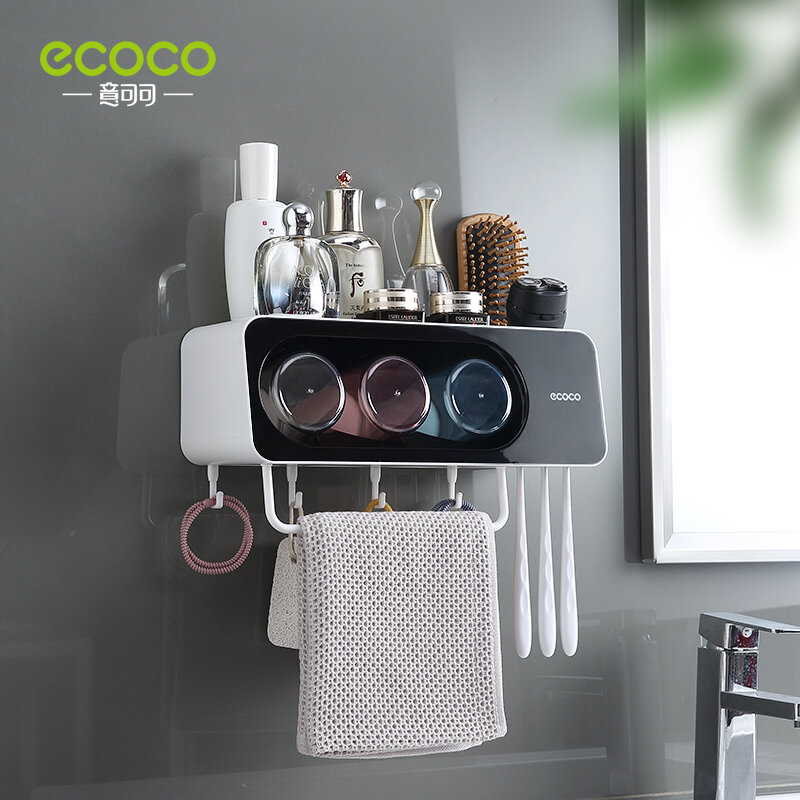 ECOCO Wall Mount Automatic Toothpaste Dispenser Bathroom Accessories Set Toothpaste Squeezer Dispenser  Toothbrush Holder Tool