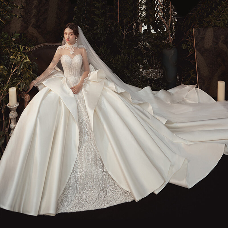 Abito da sposa cristallo di lusso moda cattedrale treno raso bianco abiti da sposa abito da sposa abiti premaman abito da sposa
