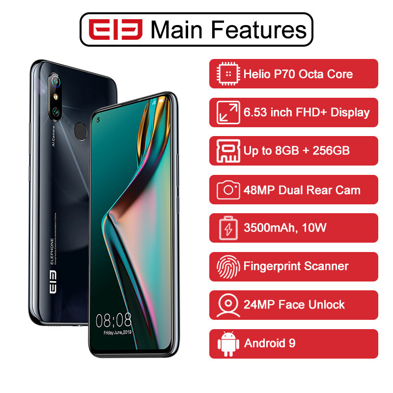 Глобальная версия ELEPHONE U3H смартфон 128 ГБ/256 ГБ Helio P70 6,53 "FHD + 48 МП Две камеры Android 9 мобильные телефоны Беспроводная зарядка