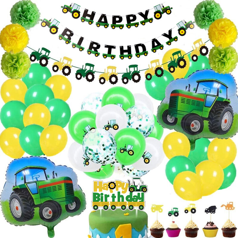 Spanduk Selamat Ulang Tahun Kendaraan Ekskavator Dekorasi Pesta Tema Traktor Pertanian Hijau Puncak Cupcake Garland Dekorasi Pesta 2 Pertama