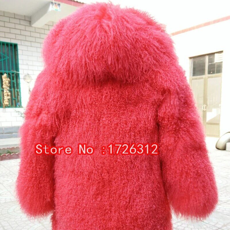 Women real mongolian sheep fur coat hooded beach wool medium long fur coat sheepskin overcoat winter fur outerwear female jacket