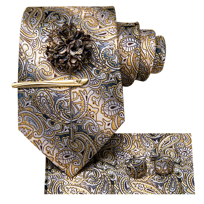 Привет-галстук желтый коричневый Пейсли галстук для мужчин Шелковый Мужской зажим для галстука подарок для мужчин роскошный галстук носовой платок запонки набор Формальная свадьба