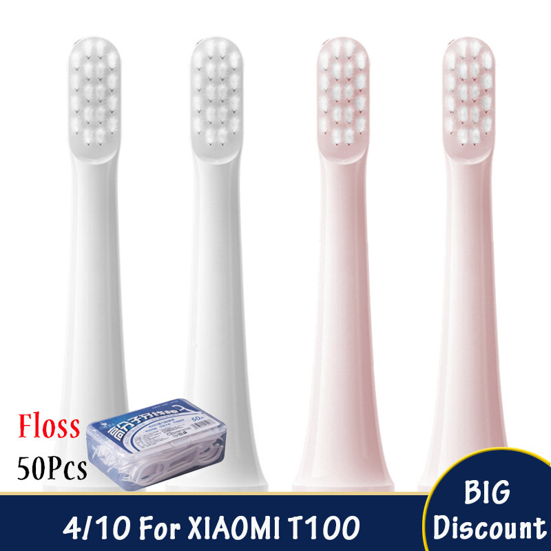 4PCS For Replacement Brush Heads XIAOMI MIJIA T100 Sonic Electric Toothbrush Soft DuPont Bristle Vacuum Nozzles Floss Gifts
