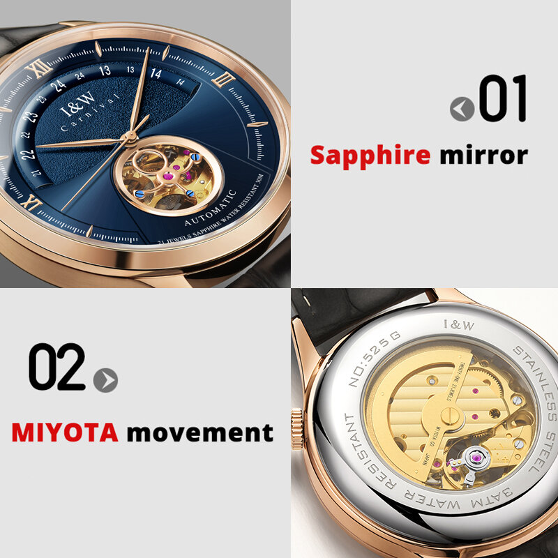 Luxus Blau Tourbillon Mechanische Uhr Männer ICH & W MIYOTA Automatische Uhr Saphirglas Wasserdicht Italien Leder Band Reloj hombre