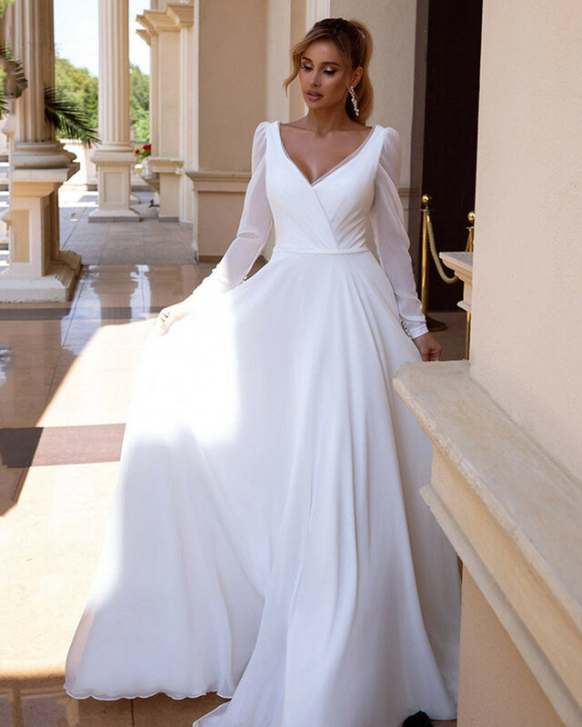 Элегантное шифоновое свадебное платье с V-образным вырезом, Простые Свадебные платья с длинными рукавами, 2021, свадебное платье с открытой спиной для женщин, Robe De Mariee