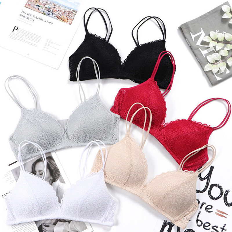 Womens Push Up Bras Sexy Triangle Brassiere Wire Free Lace Bra Bralette Lingerie Small Breast Adjusts Female Underwear A B C Cup