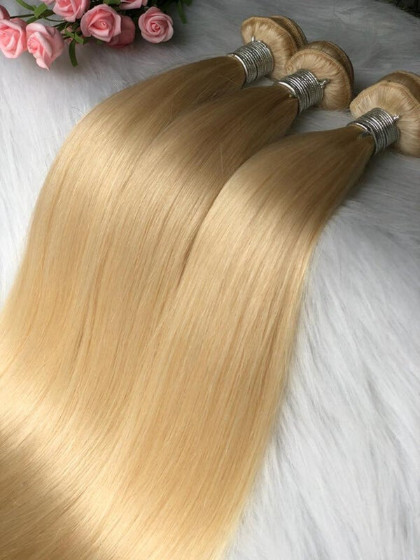 613 pakiet brazylijski ludzki włos wyplata 38 40 Cal wiązki Remy proste włosy ludzkie w kolorze blond zestawy hurtowe 4x 4 zamknięcie koronki