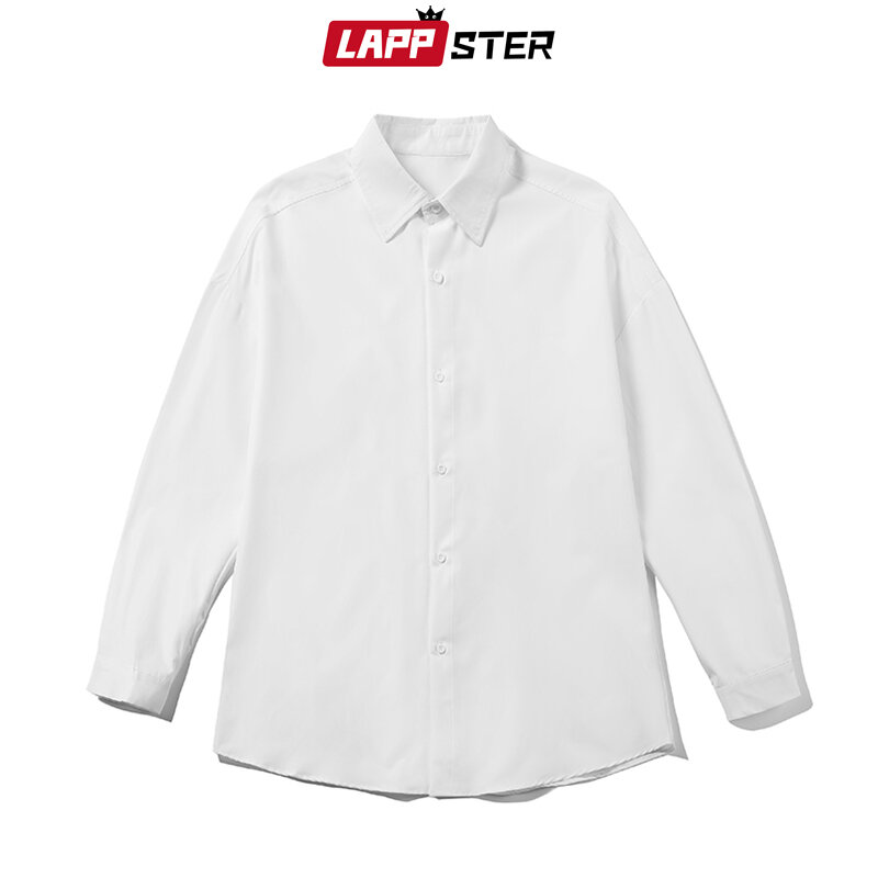 LAPPSTER-camisas blancas de manga larga para hombre, camisa Harajuku de gran tamaño con botones, color negro, moda coreana, 5XL, 2023