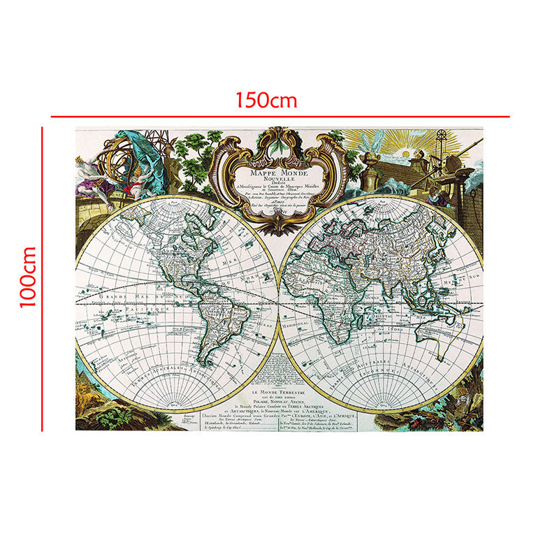 フランスのヴィンテージの折りたたみ式世界地図ポスター,150x100cm,旧バージョン,オフィス装飾,不織布,無臭
