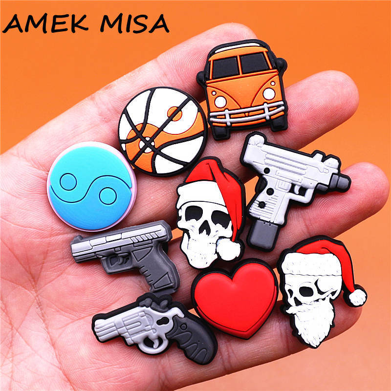Christmas Skull Shoe Charms Tai Chi Pistol Submachine Gun Red Heart Shoes Accessories Decoration Fit Buckle Kids Gifts