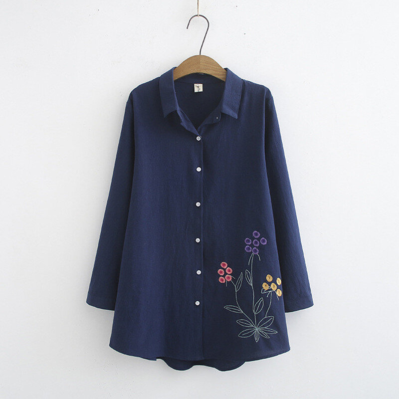 Nova blusa feminina casual plus size 4xl algodão bordado, camiseta feminina primavera verão, blusa manga longa com botões lm234