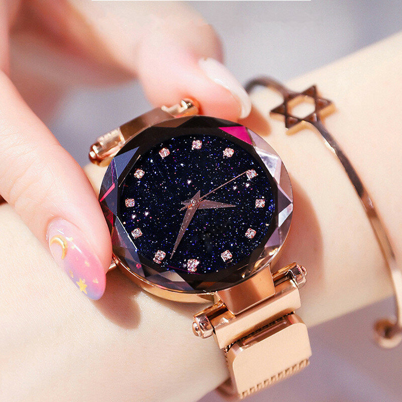 Luxo relógios femininos moda elegante ímã fivela vibrato roxo ouro senhoras relógio de pulso 2019 novo céu estrelado relogio feminino