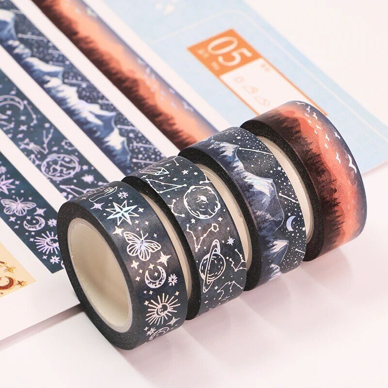 Fita adesiva decorativa etiqueta, Silver Foil Masking Washi Tape, DIY Scrapbooking Sticker, papelaria japonesa, Sunset Starry Sky, 10m