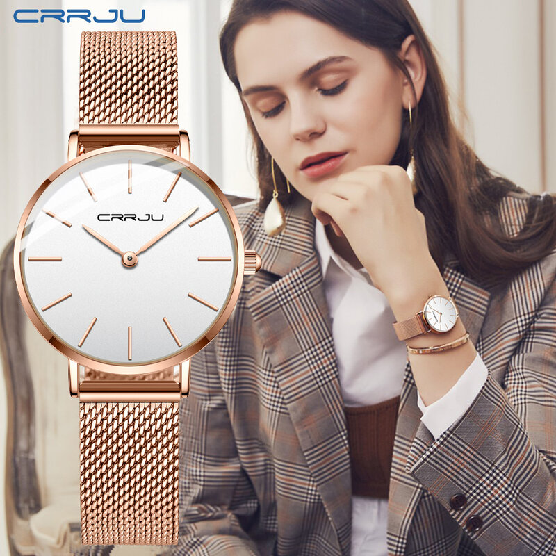Часы наручные CRRJU для влюбленных, брендовые роскошные Стильные Простые водонепроницаемые кварцевые для мужчин и женщин, из нержавеющей ста...