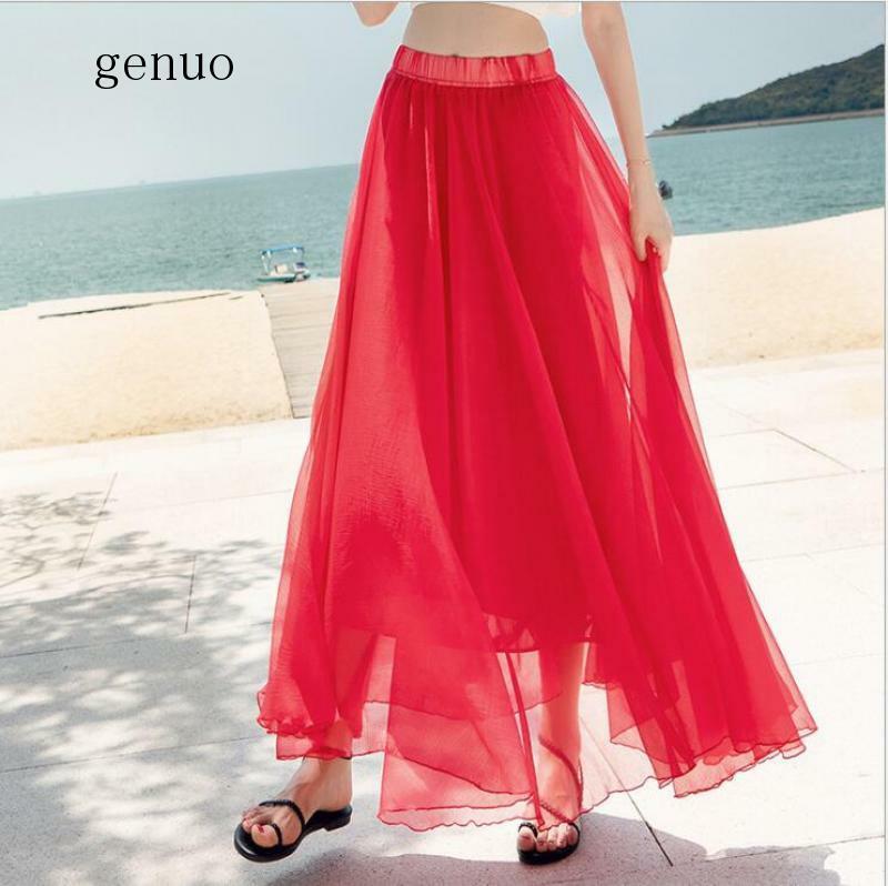 Женская Асимметричная длинная юбка, Повседневная Однотонная юбка А-силуэта из шифона, лето 2020