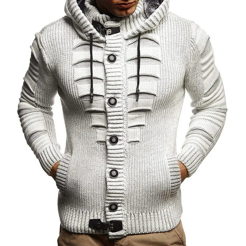 Мужской вязаный кардиган, Бежевый полосатый Повседневный свитер, теплый зимний мужской свитер с капюшоном