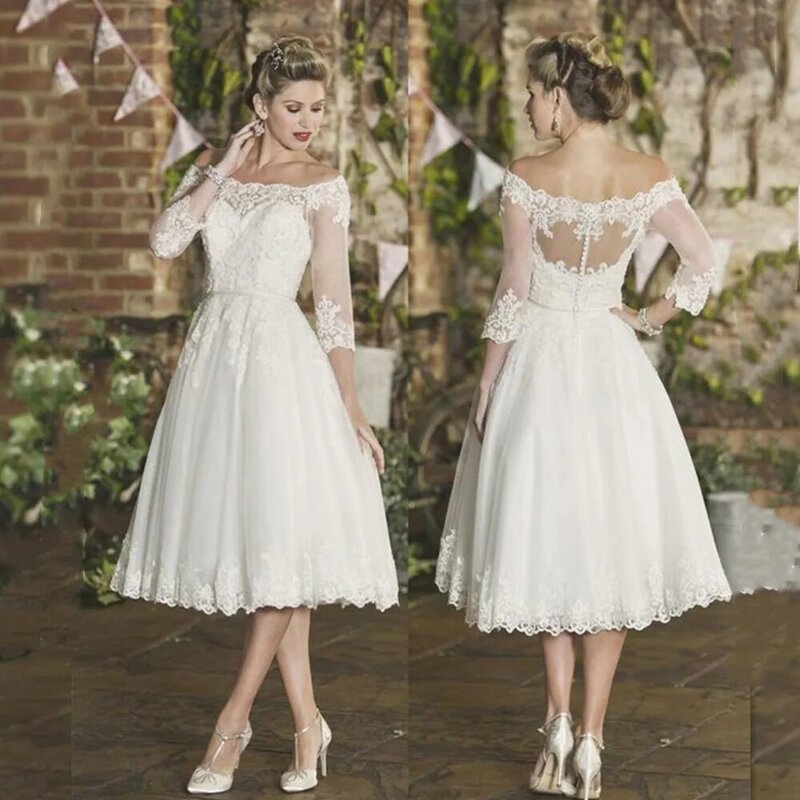 Elegant Wedding Dresses Women 3/4 Sleeves Tea-Length Lace Beaded A-Line Off The Shoulder Mini Bridal Gown Vestidos De Novia 2024