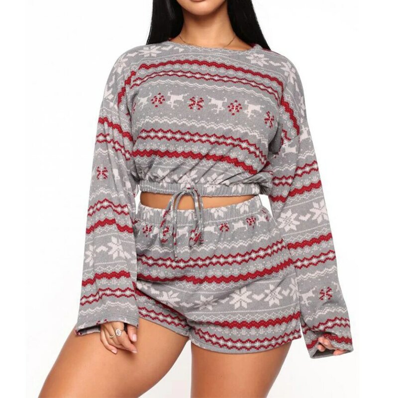 Hirigin 2020 New Women Christmas Pajama Sets Long Sleeve Crop Top Shorts 2Pcs Xmas Snowflake Print Knit Fall Homewear S-XXL