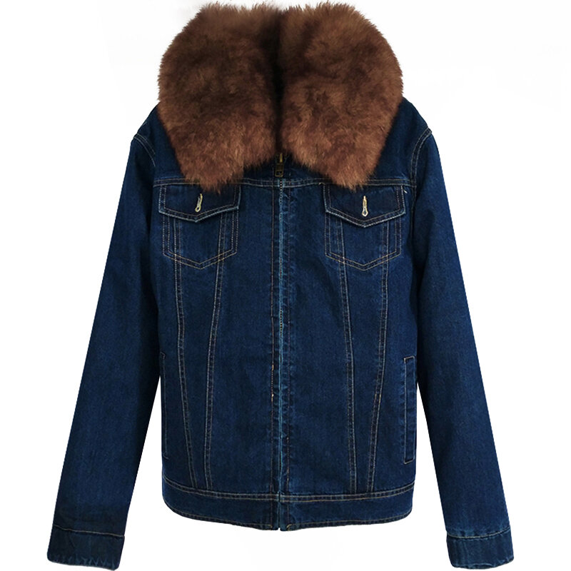 冬のデニムジャケット、キツネの毛皮の襟のピー、暖かく保つための今後の毛皮のライナー、女性のジャケット厚みのある長袖