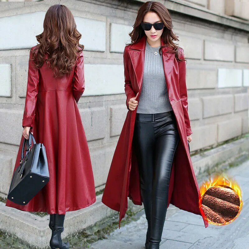 Tamanhos grande 2021 moda de roupas femininas primavera outono longo couro do plutônio blusão jaquetas feminino elegante casaco lwl461