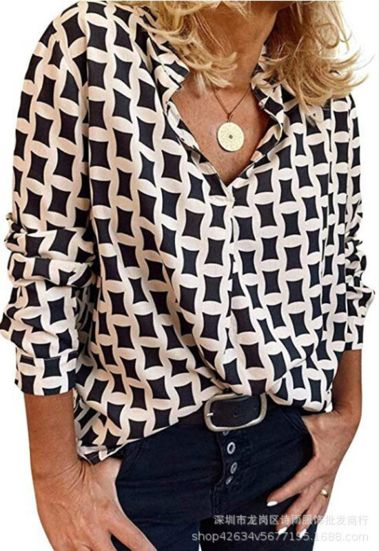 Camiseta holgada con estampado geométrico para mujer, Blusa de manga larga con cuello levantado y manga larga informal