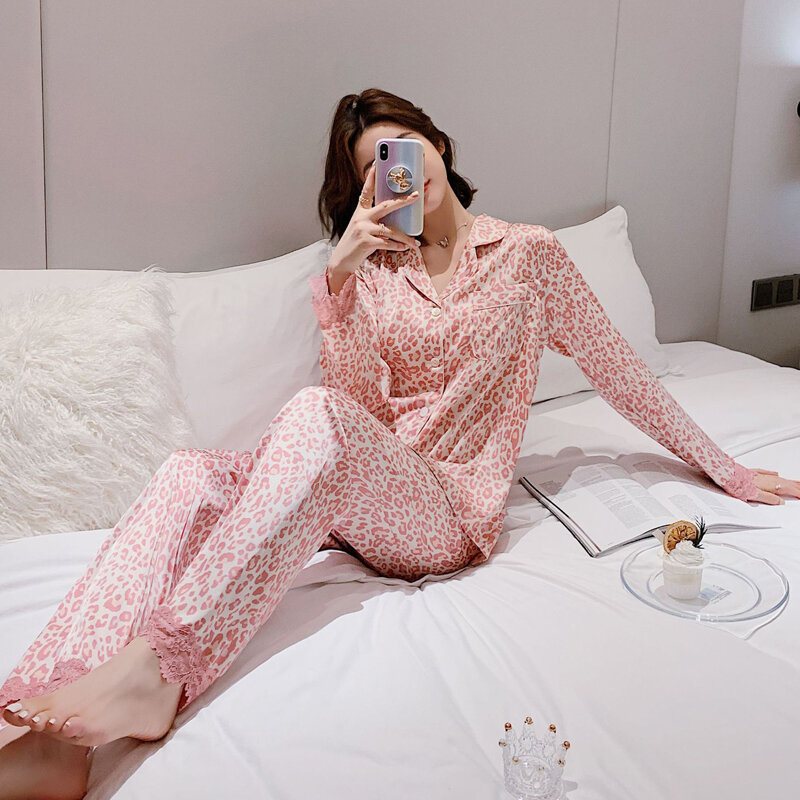 Women's Pajamas Set Lace Spring Silk Pijama Girl Sleepwear Long Pyjamas For Woman Suit Female Nightwear Autumn Clothing Set