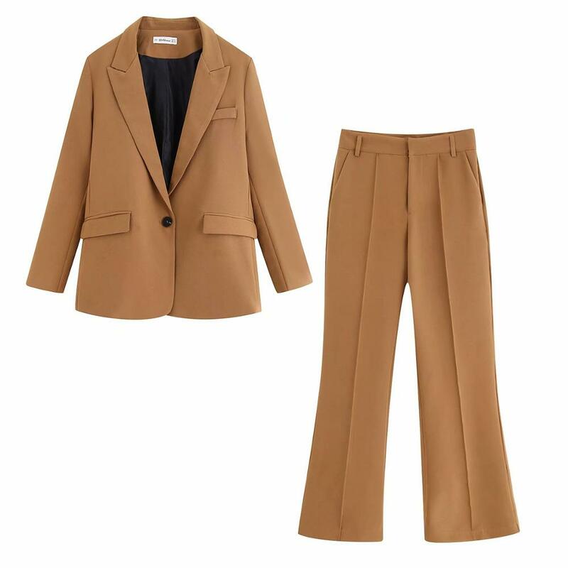 Khaki Casual suits women blazer-set single button pocket full sleeve top & flared trousers stylish office lady coat femme suits