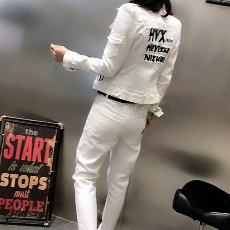 Spring Fashion Letter Embroidery Slim Womens Denim 2Pcs Sets Long Sleeve Single Breasted Lapel Jackets Harem Pants White Outfits