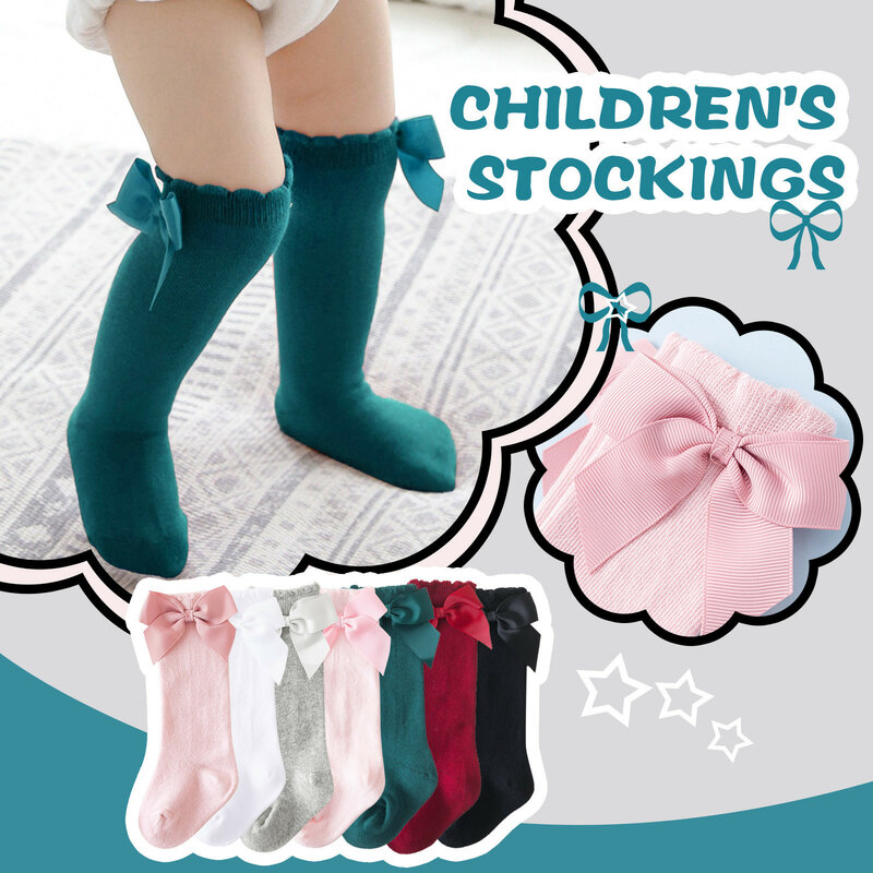 Calcetines hasta la rodilla para niños y niñas de 0 a 7 años, medias sólidas con lazo, calcetín de algodón de princesa para primavera e invierno