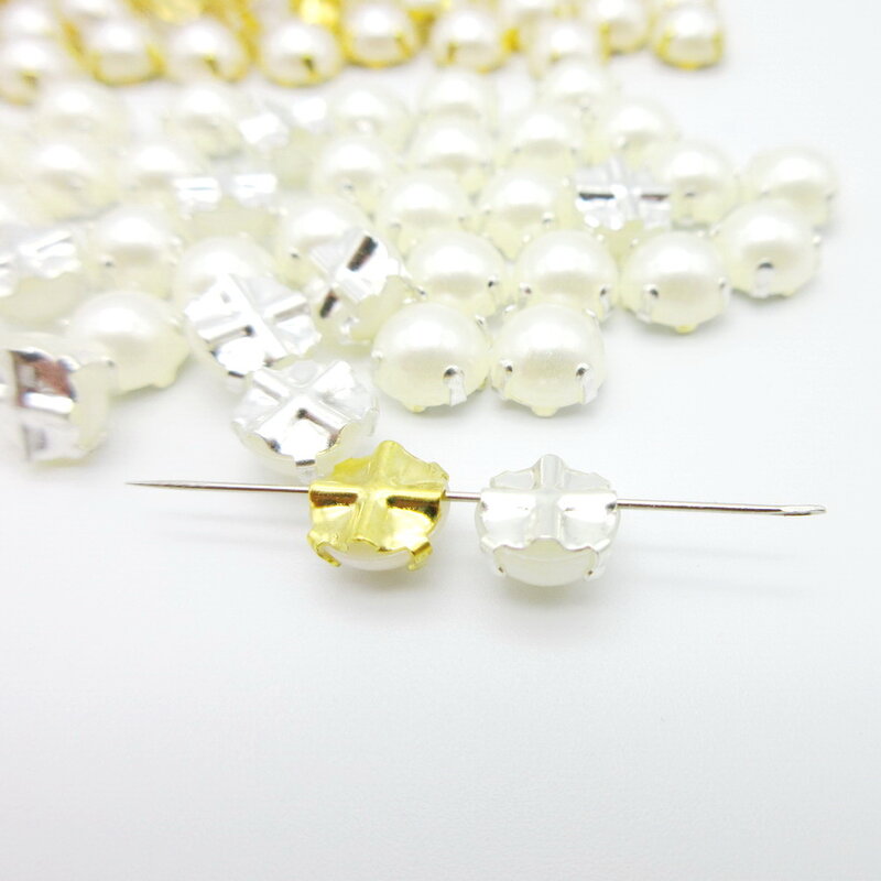 6/7/8/10mm White Sewing Pearl Beads Sew On Rhinestones With Silver / Gold Claw For Fabric Garment Bag shoes accessories Diy