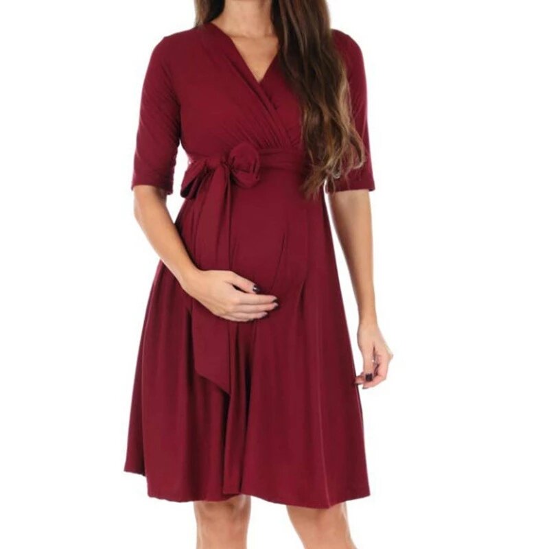 Verão mulheres mães gravidez vestido de enfermagem roupas para grávidas casual simples tendência estilo sólido cor v pescoço meia manga midi desses