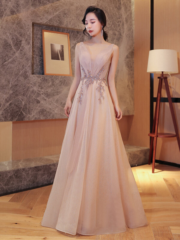Elegant Evening Dress For Women V-Neck Floral Sequined A-Line Slim Party Gowns Appliques Floor-Length Form Pageant Dresses