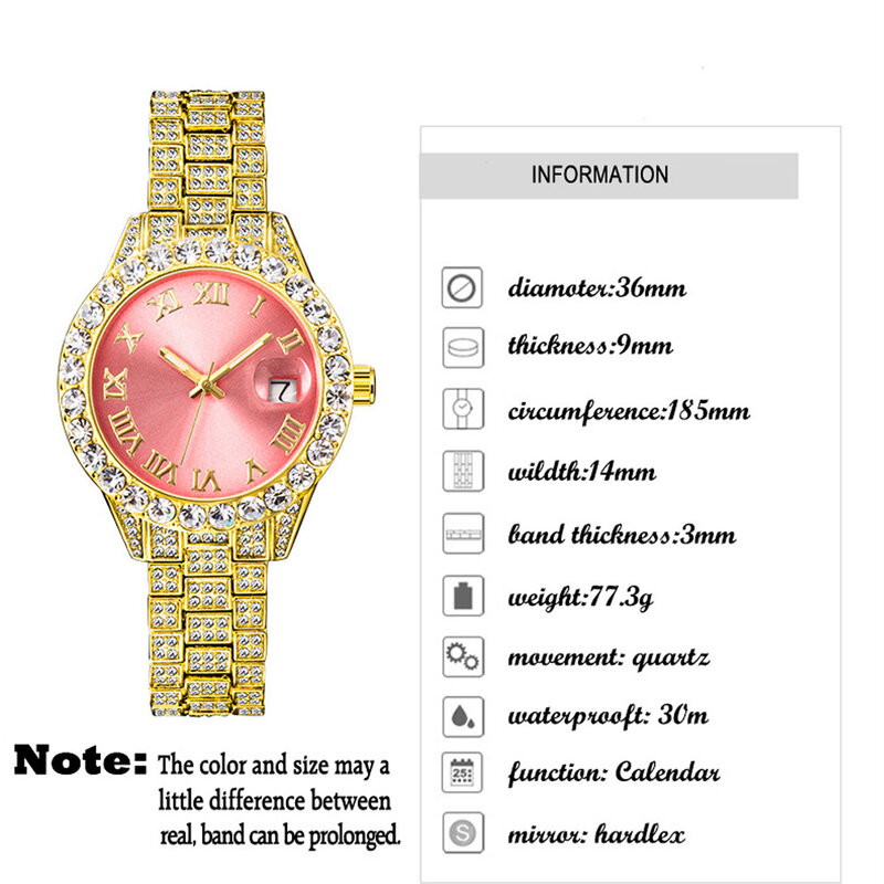 นาฬิกาผู้หญิงฮิปฮอป2024ส่งฟรีหรูหรานาฬิกาผู้หญิงประดับเพชรสีเงินนาฬิกาข้อมือควอตซ์สำหรับผู้หญิง