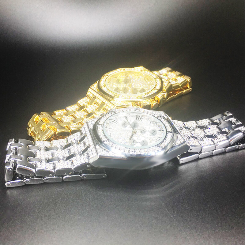 Мужские часы в стиле хип-хоп со льдом, Полностью украшенные бриллиантами, мужские кварцевые часы, мужские часы, 18 К, золотые, серебряные, модные мужские часы, водонепроницаемые Relogio