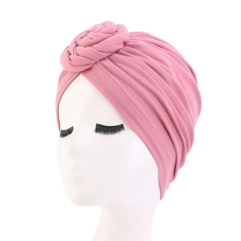 Turbante de algodão com nó superior e decoração de flores para mulheres headwrap muçulmano, capa de cabelo feminino, gorro monocromático, chapéu indiano, acessórios de cabeça