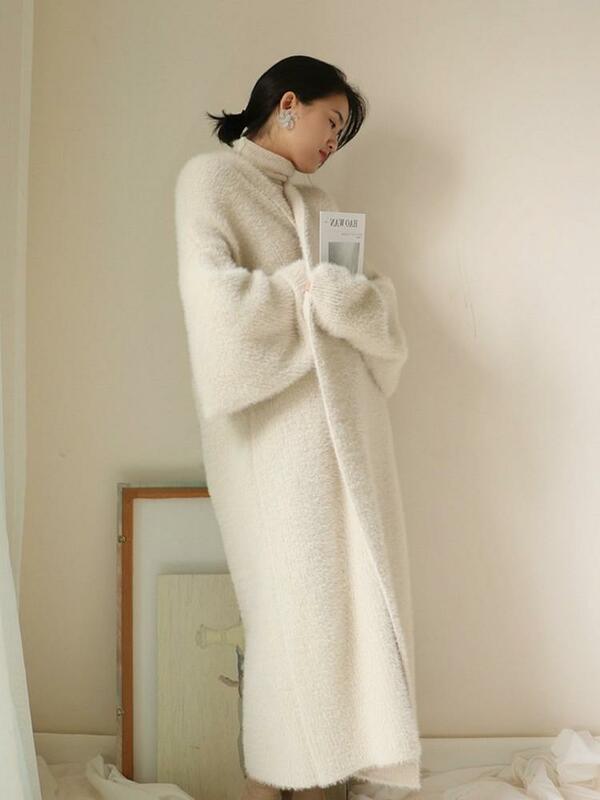 Suéter caxemira genuíno feminino, casaco longo de pele de lã tricotada para mulheres