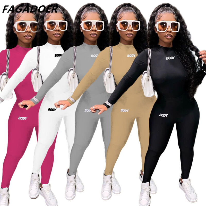 FAGADOER Winter Booy Letter Print Sporty Two Piece Set Women  Elastic Crop Tops And Leggings Tracksuits Autumn Casual Outfits