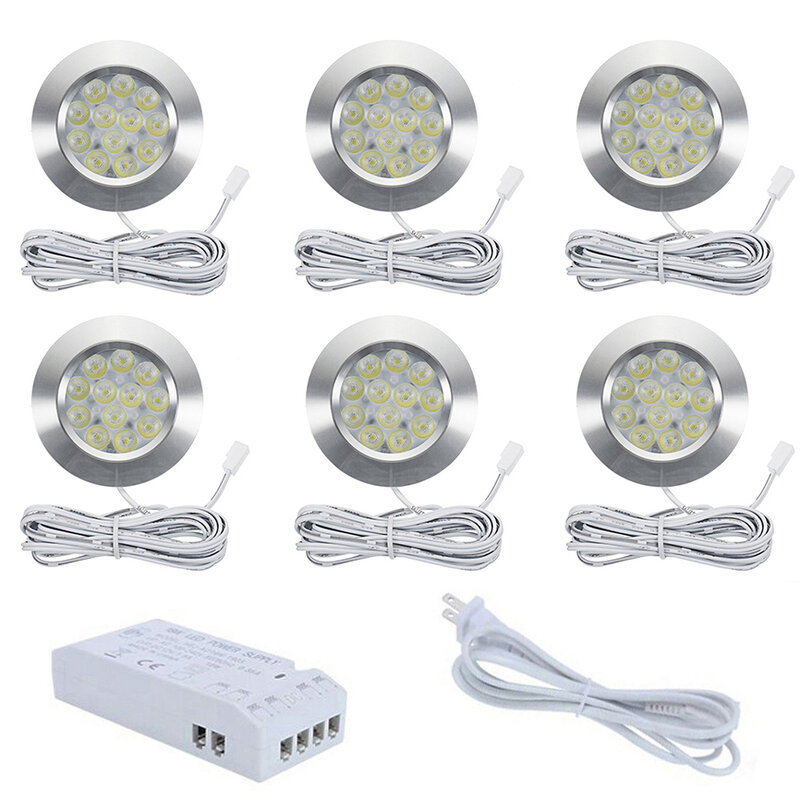 6Pcs Ultra-Thin Recessed LED Under Cabinet Lights Kit with 18W Integrated Power Supply Aluminum LED Puck Lamps LED Spotlight